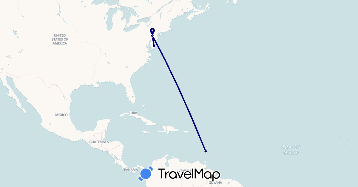 TravelMap itinerary: driving, plane in United States, Saint Vincent and the Grenadines (North America)